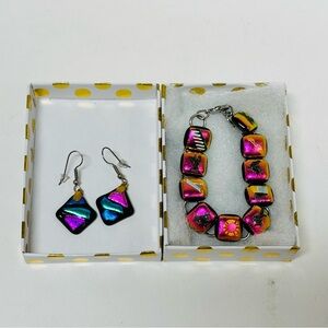 Vintage Dichroic Art Glass Tile Panel Link Bracelet and Earrings
